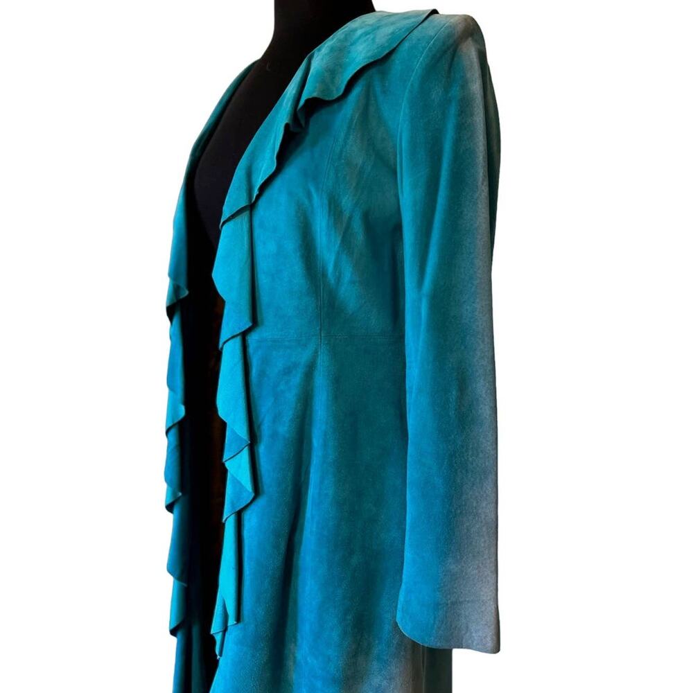 Vintage 90s Scully Turquoise Blue Ruffle Suede Leather Long Jacket size XS Tiger - Picture 7 of 9